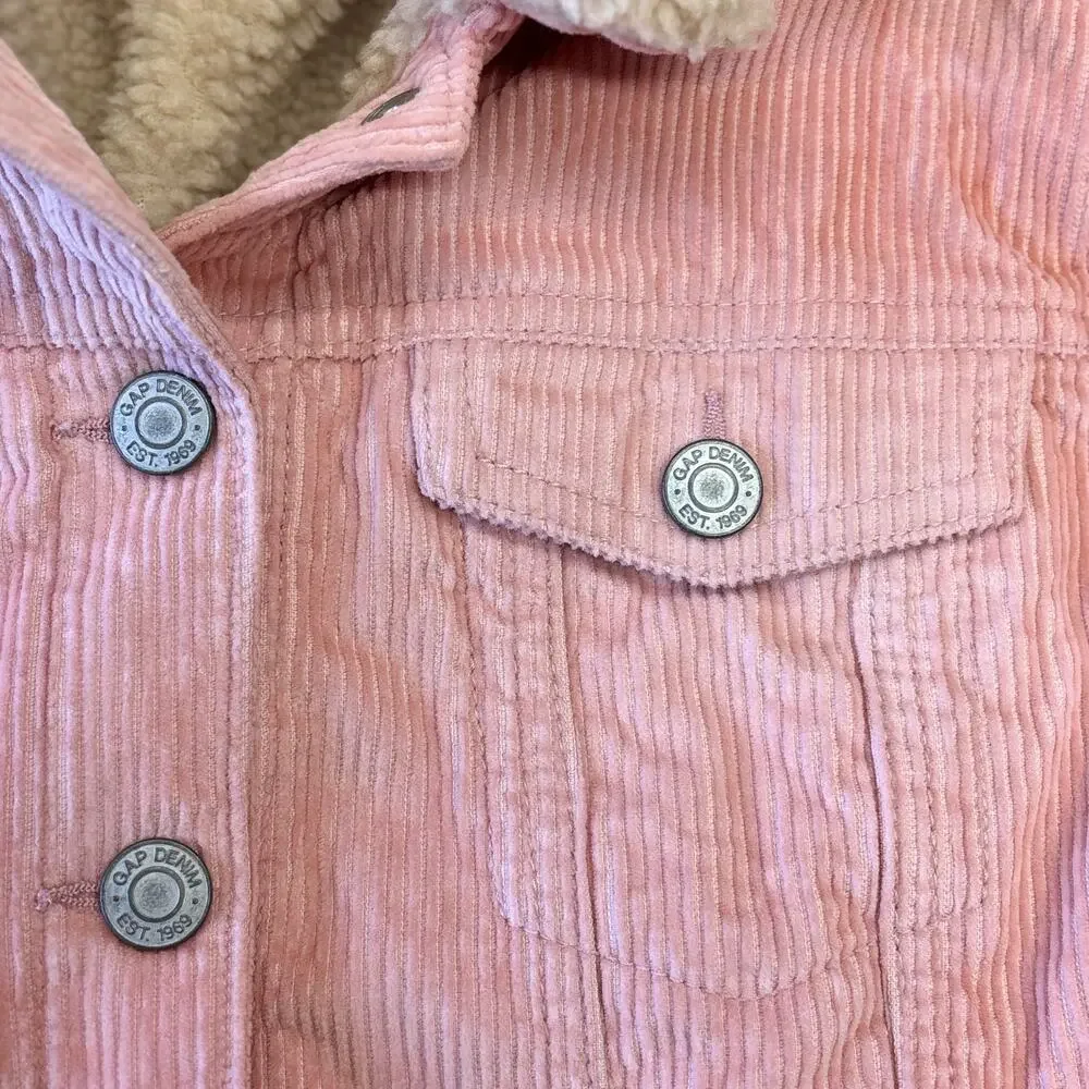 GAP Jacket Girls XL Pink Corduroy Sherpa Fleece Lined Trucker Button Front Kids